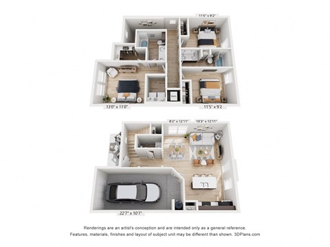 Floor plan for 3 beds, 2.5 baths, 1374 sqft
